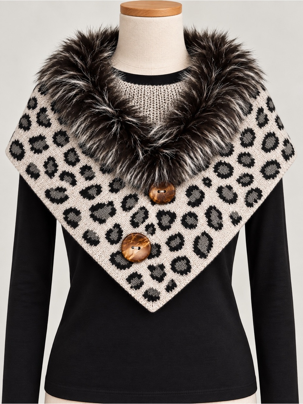Leopard Faux Fur Chenille Triangle Scarf with Button Detail in Gray/Cream